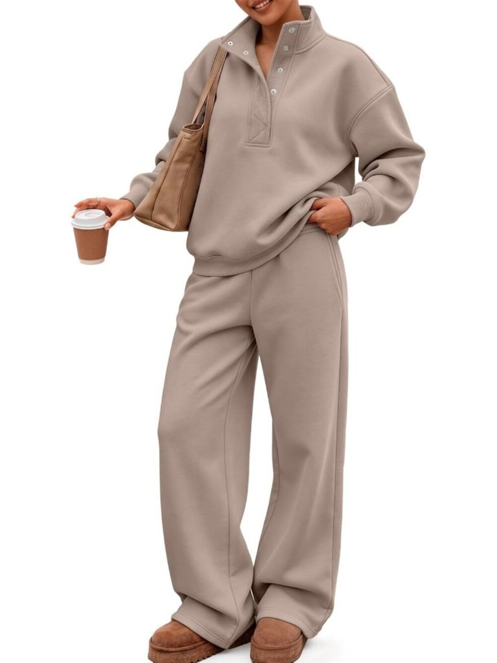 Chic Women's 2-Piece Oversized Sweat Suit Set with Snap Button Mock Neck
